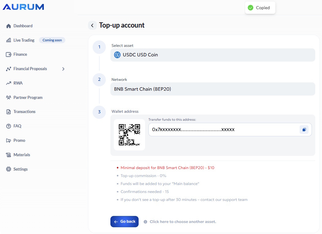 Copie la dirección de wallet de Aurum