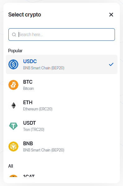 Seleccione USDC como criptomoneda
