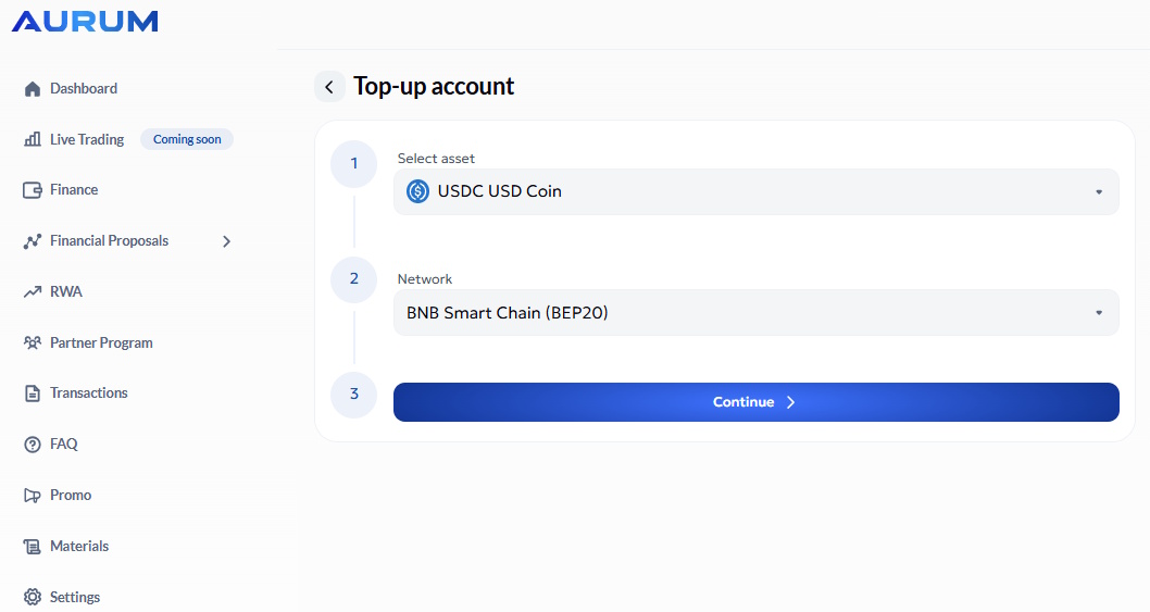 Abra la pantalla Top-up account en Aurum